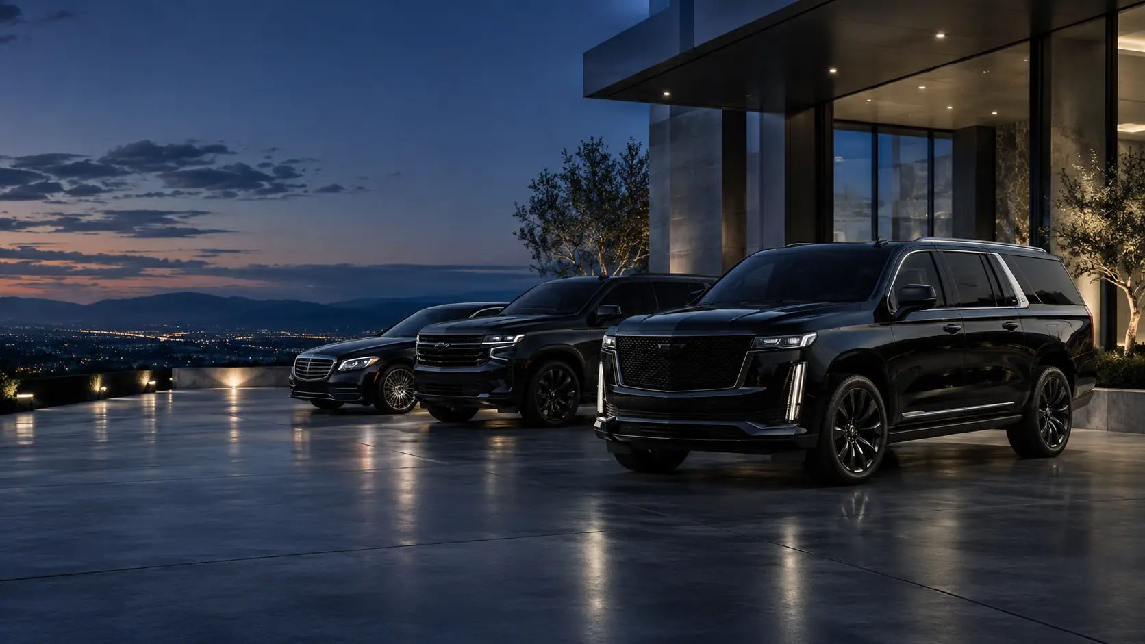 A premium black SUV and executive fleet at blue hour